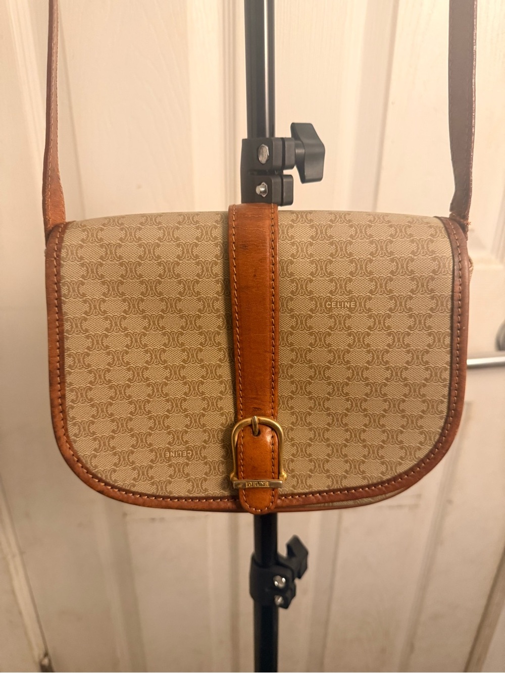 Vintage Celine Beige Monogram Canvas Crossbody with Cognac Leather Trim
